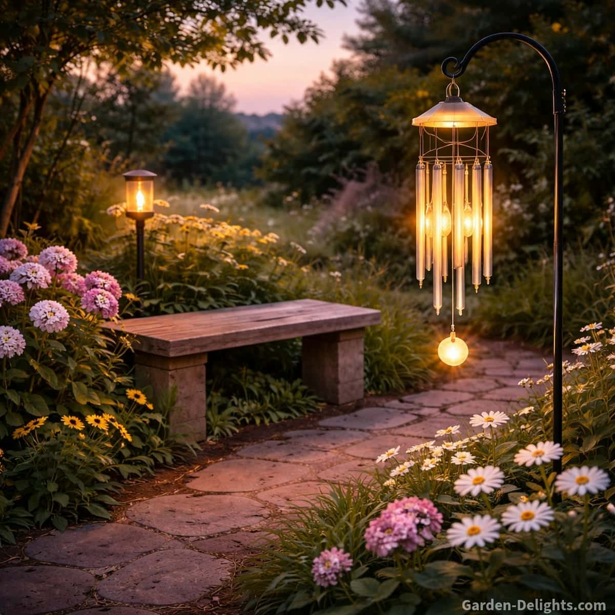 Solar wind chime glowing warmly above a soft stone path in a healing garden with a rustic bench nearby a solar torch behind it and gentle flowers that frame the quiet reflective space at dusk