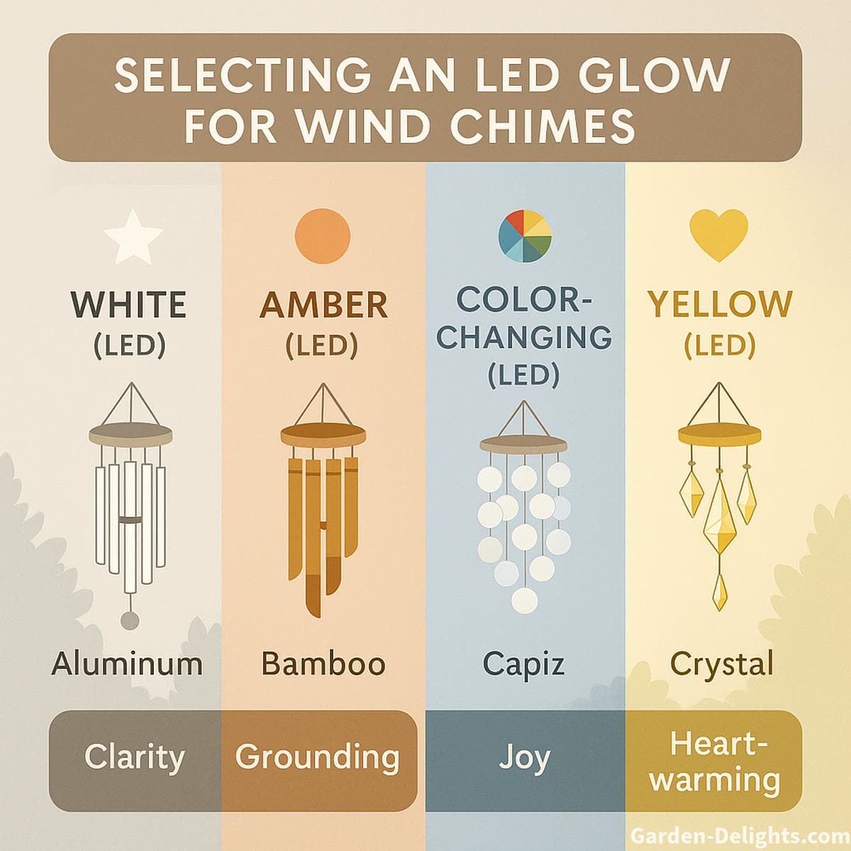 Chart showing solar wind chime tone and LED light pairings, with emotional effects and nighttime resonance in bamboo, aluminum, capiz, and crystal chimes