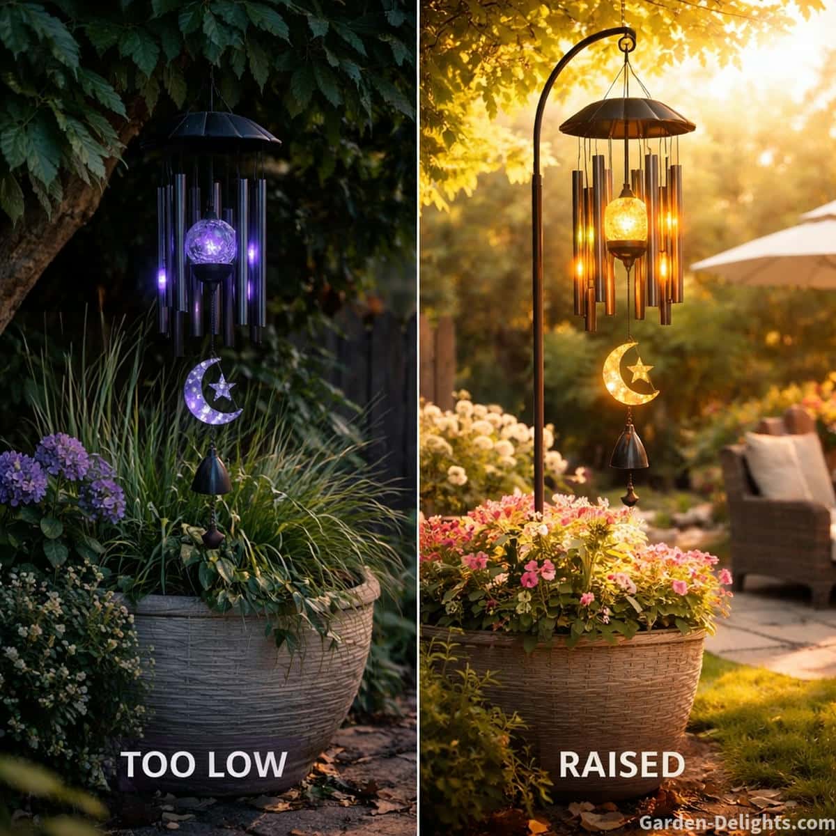 Solar wind chime hung too low inside a crowded planter where shade and dense foliage block sunlight and weaken LED charging beside a raised placement with full sun open airflow and bright evening glow for calm inviting garden ambience