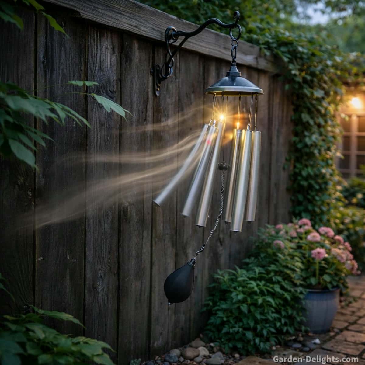Technical mounting mistakes on a solar wind chime showing a tilted panel blocked airflow shadows and unstable hardware reducing LED charging and tone clarity