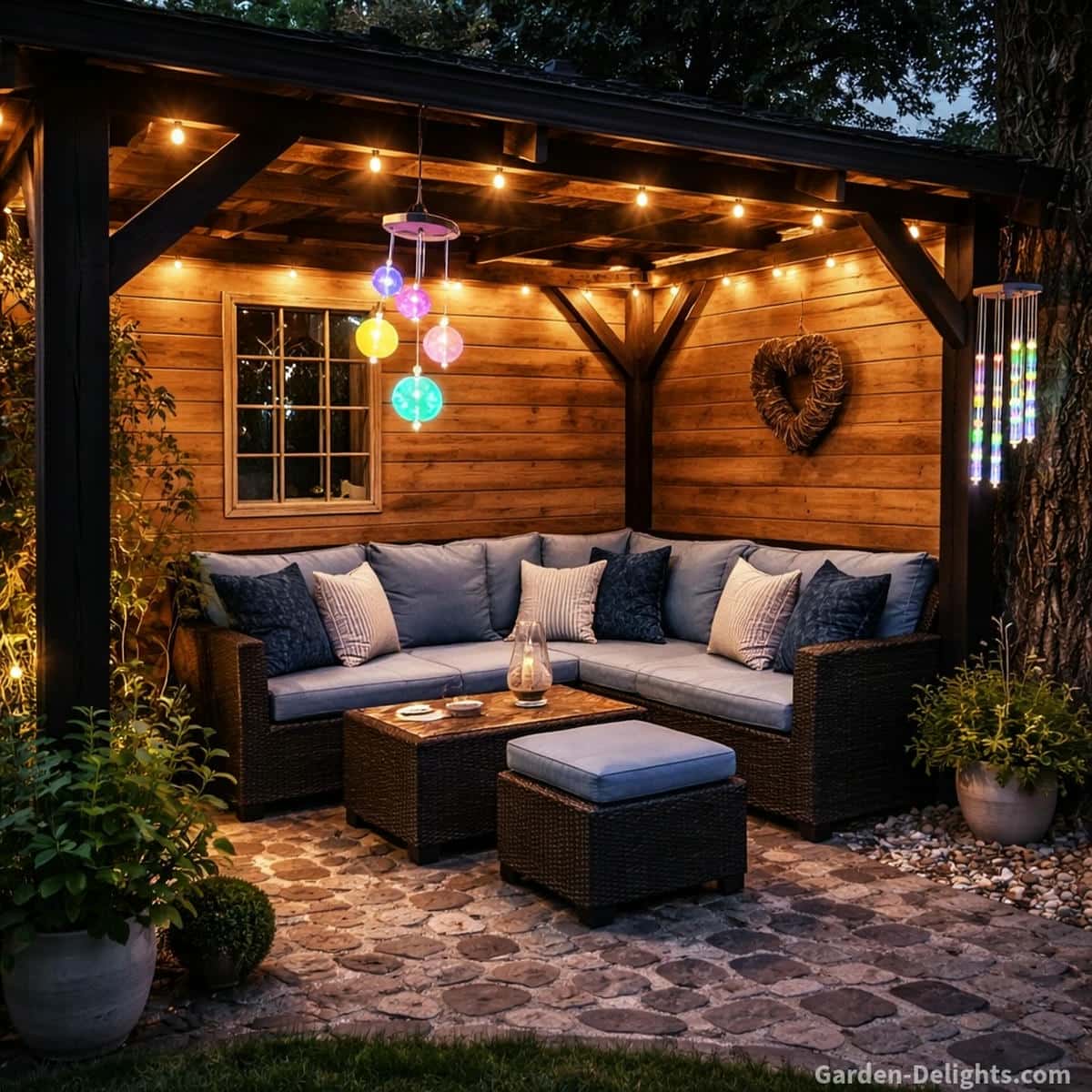 Colorful solar wind chimes glowing above a black wood pergola seating area with black wicker furniture, light blue cushions and warm string lights creating soft night ambience, emotional calm and balanced Feng Shui energy