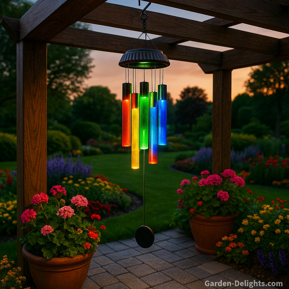 Solar wind chimes glowing under a pergola with warm LED color light that brightens garden planters softens the evening mood and adds seasonal outdoor decorating charm