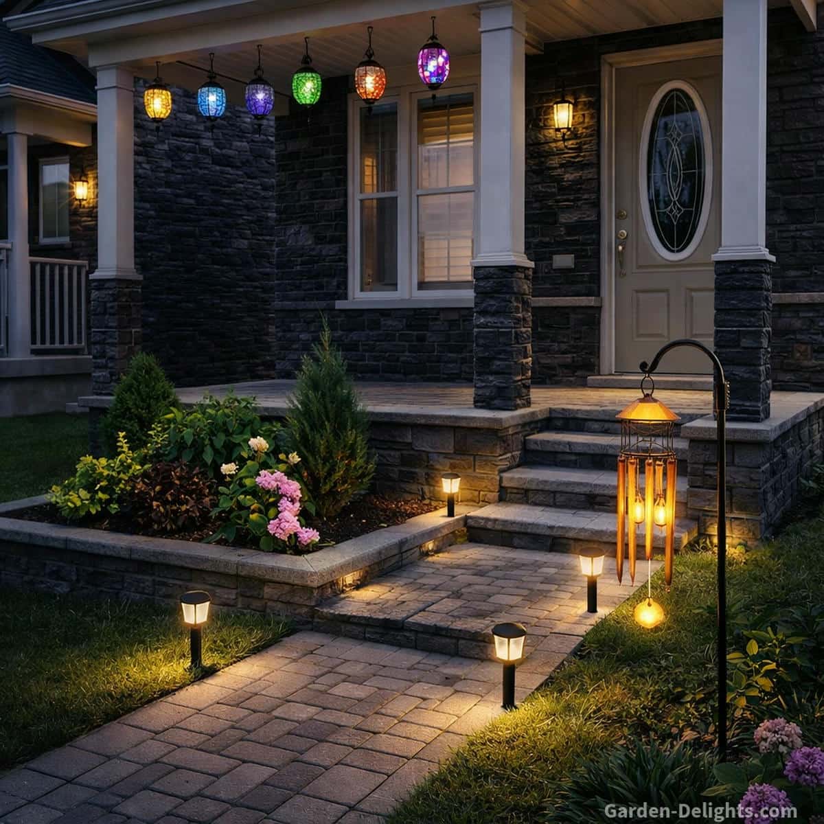 Solar wind chimes and colorful hanging solar lanterns glowing over a front porch entry path with black stone siding warm LED walkway lights gentle night tone and a shepherds hook chime beside flowering plants for calm outdoor ambience