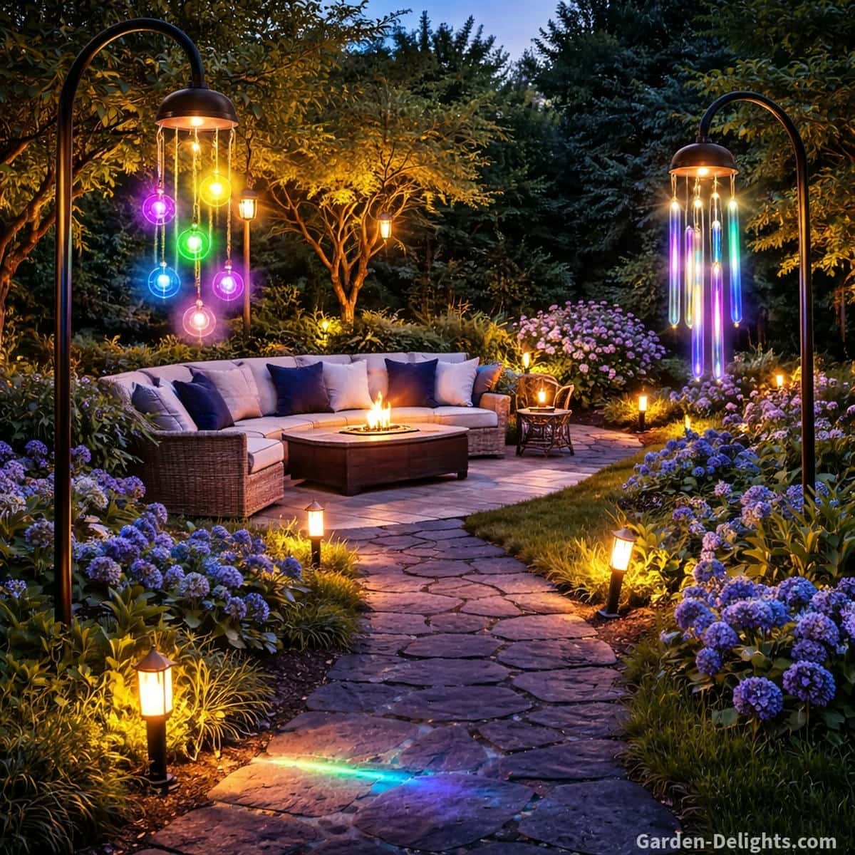 Solar wind chimes glowing along a curved stone garden pathway with halo beams and color shifting LED tubes and orbs that illuminate blue hydrangeas wicker patio seating and gentle airflow for calm night ambience and Feng Shui energy flow