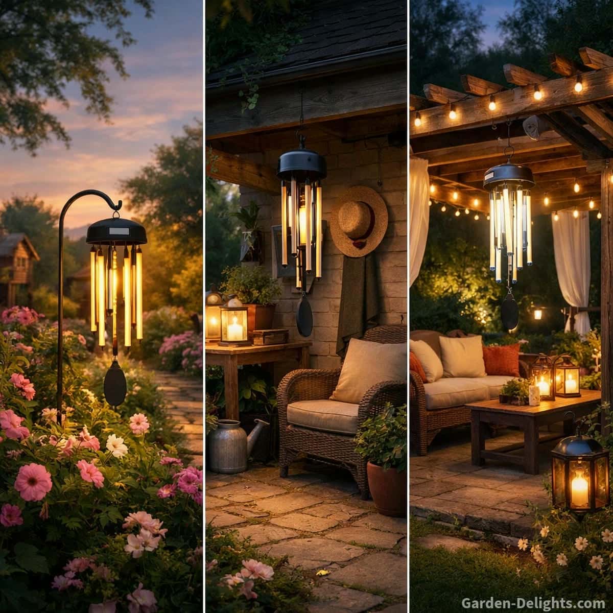 Solar wind chimes arranged in open gardens shaded patios and pergola seating areas showing how different power sources support glow strength tone and evening decor harmony