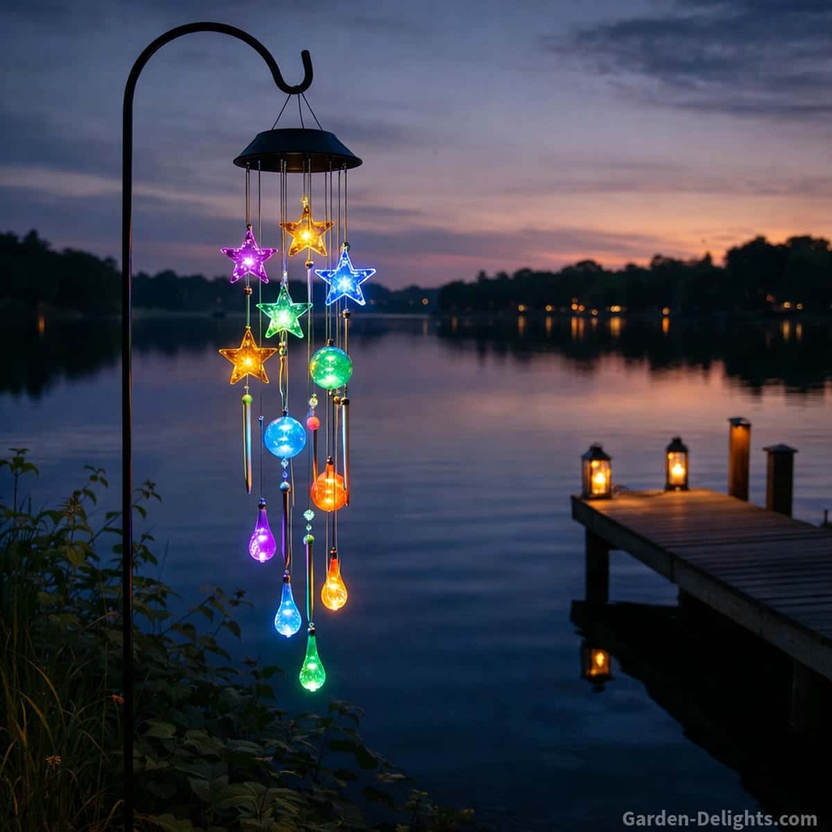 Solar wind chimes glowing beside a quiet lakeside dock with calm water soft night light gentle airflow and peaceful outdoor energy for eco friendly décor and thoughtful garden gifting