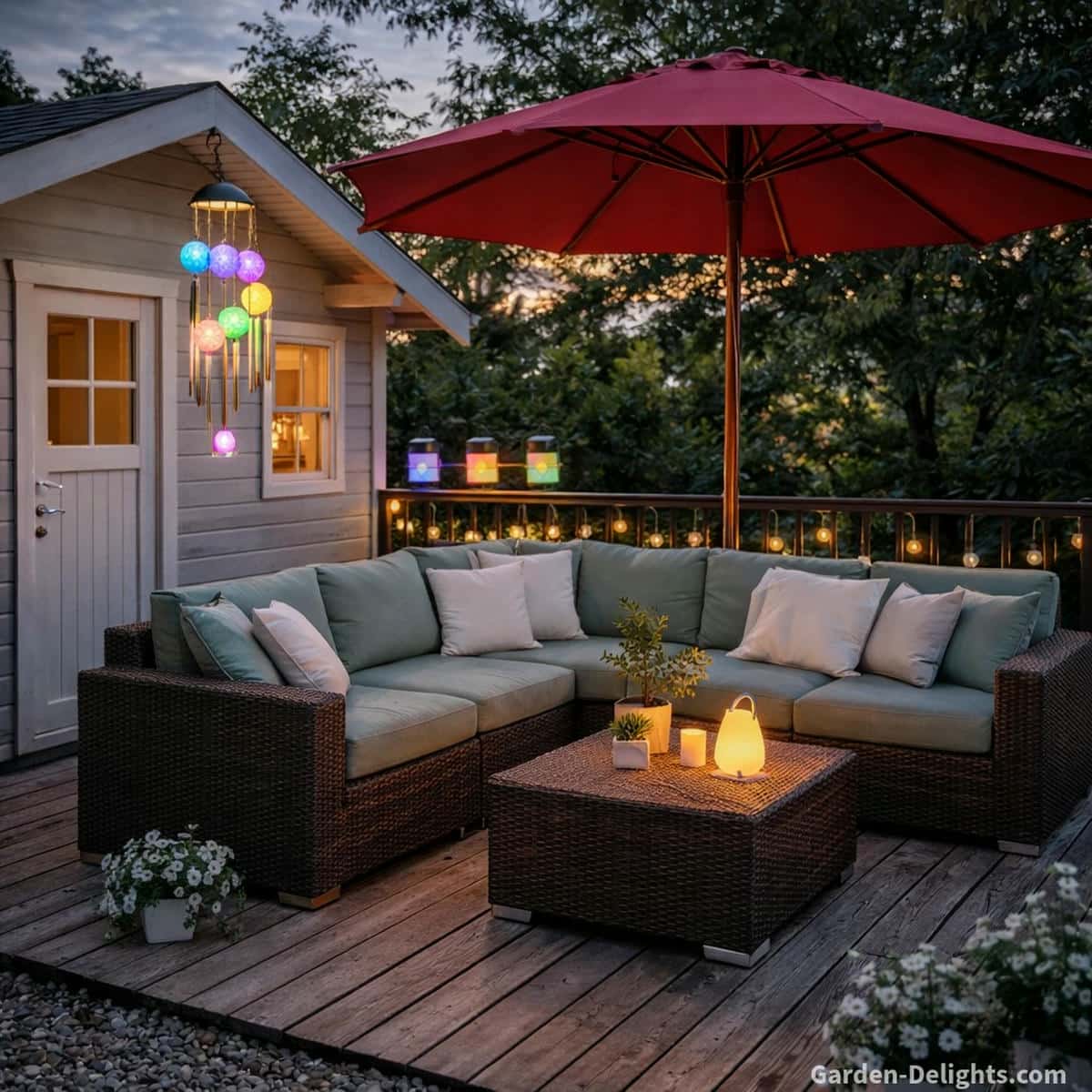 Colorful solar wind chimes glowing from the roof edge of a light grey garden shed above a wicker patio seating area with seafoam cushions a red umbrella warm LED lanterns and peaceful dusk ambience