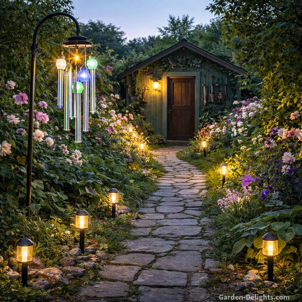 Solar wind chime glowing along a twilight garden pathway with stone pavers soft LED light and blooming flowers guiding calm movement tone clarity and peaceful evening ambience toward a rustic green shed