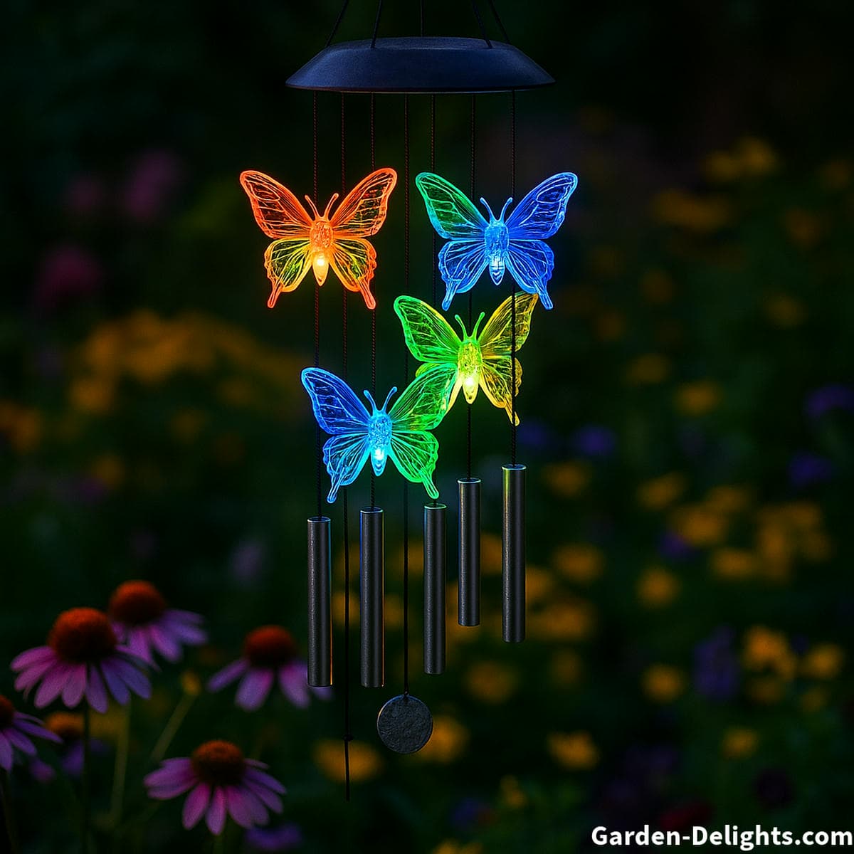 Butterfly solar wind chimes with color-shifting LED lights glowing over a flower garden symbolizing emotional healing, nighttime tranquility, and pollinator-friendly Feng Shui for eco-conscious outdoor spaces