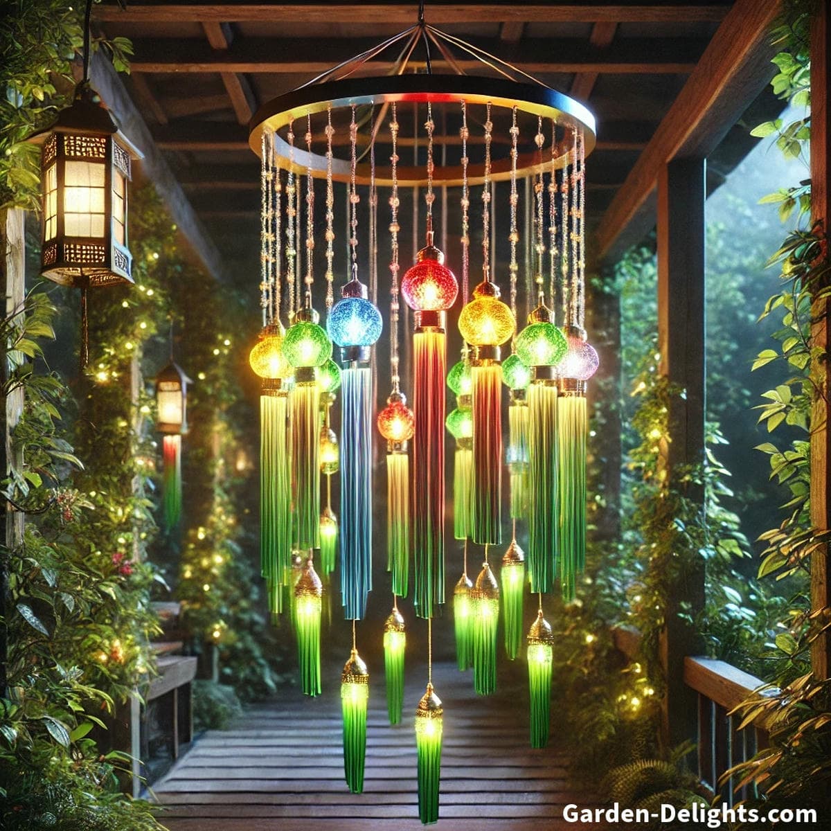 LED solar wind chimes illuminating a twilight garden in rainbow colors ideal for evening patios, balconies, and spiritual nighttime décor.