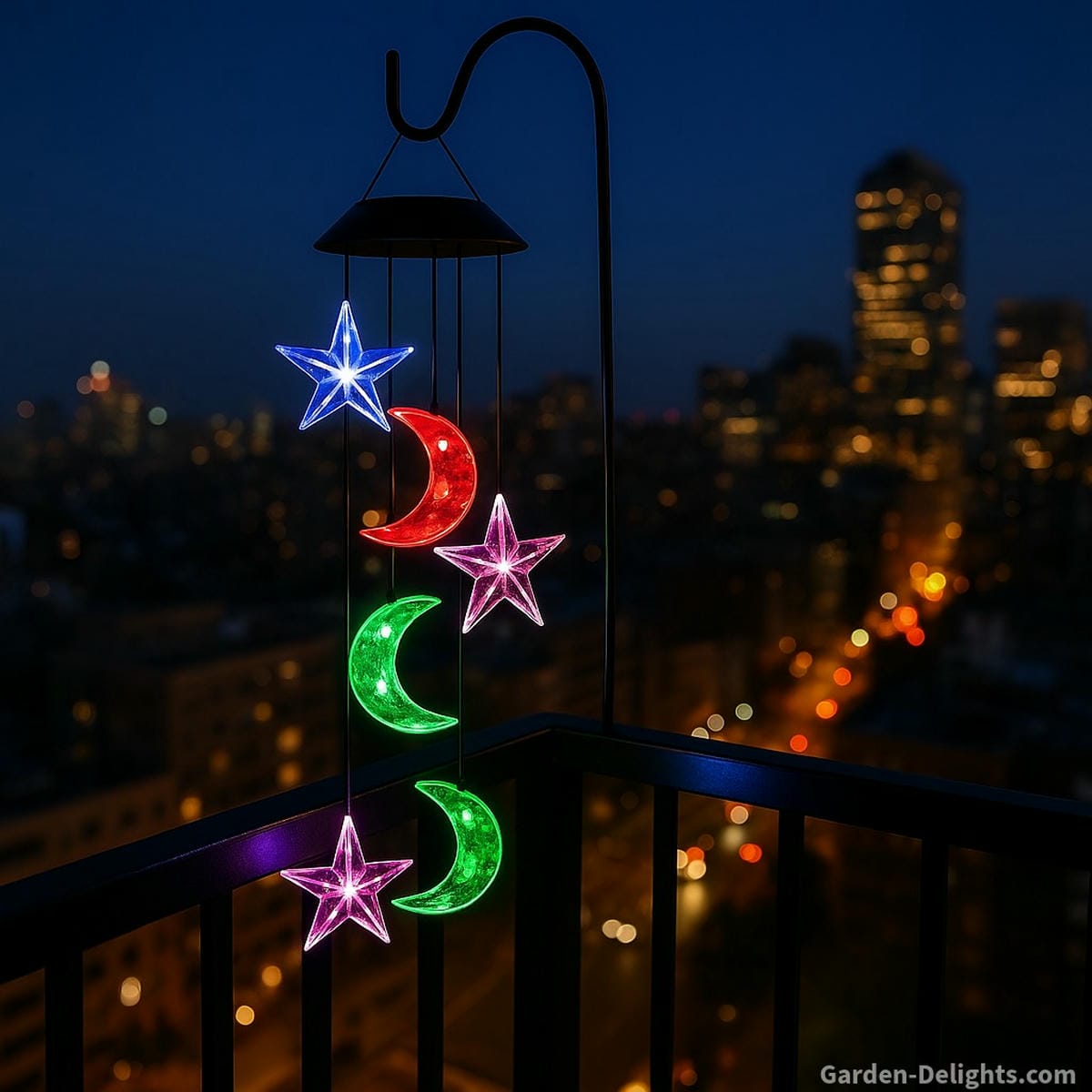 Solar wind chime glowing with purple, red, and green LED lights on a high-rise balcony symbolizing emotional grounding, city tranquility, and Feng Shui energy flow in compact apartment spaces
