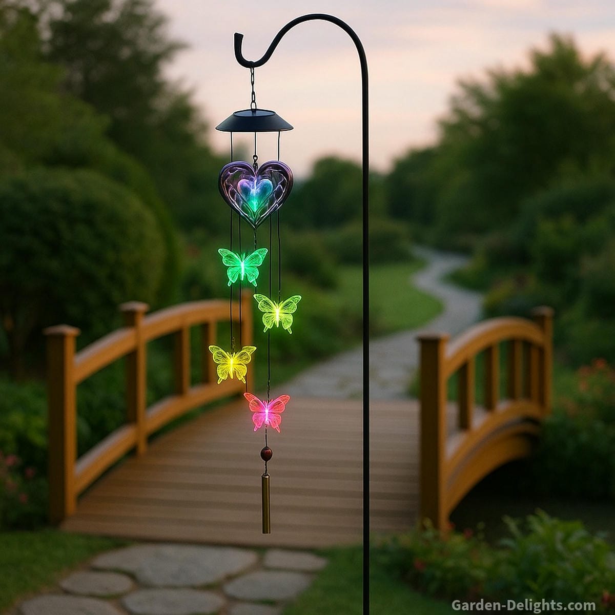 Color-changing solar wind chime glowing above a garden bridge and stone path symbolizing spiritual renewal, light-based remembrance, and energy balance in eco-conscious outdoor spaces