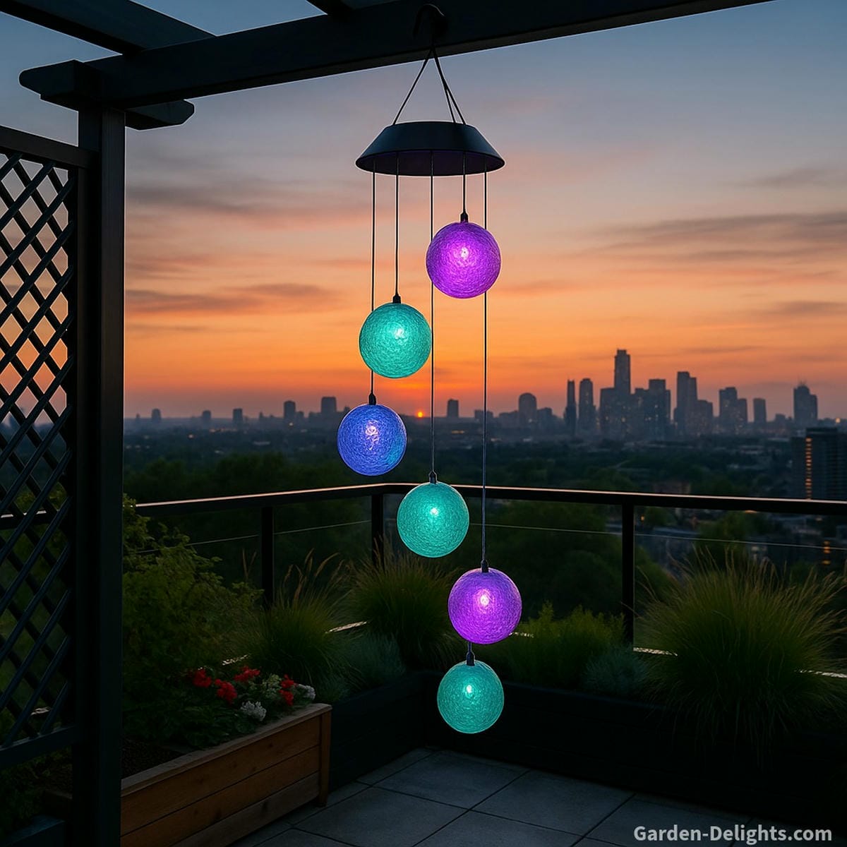 Solar wind chime glowing in teal and violet light above a rooftop garden trellis with a city skyline backdrop symbolizing urban calm, sustainable energy, and Feng Shui balance in elevated spaces