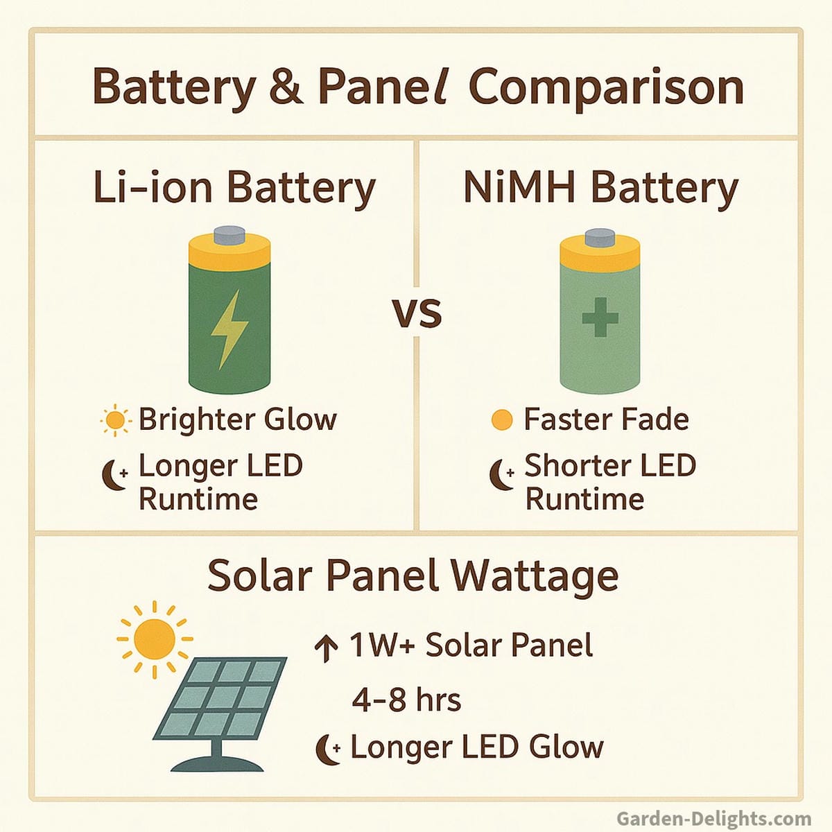 Solar wind chime battery and panel comparison chart showing Li-ion vs NiMH cells, solar wattage, and LED runtime representing sustainable design, long-lasting glow, and energy balance for eco-conscious gardens