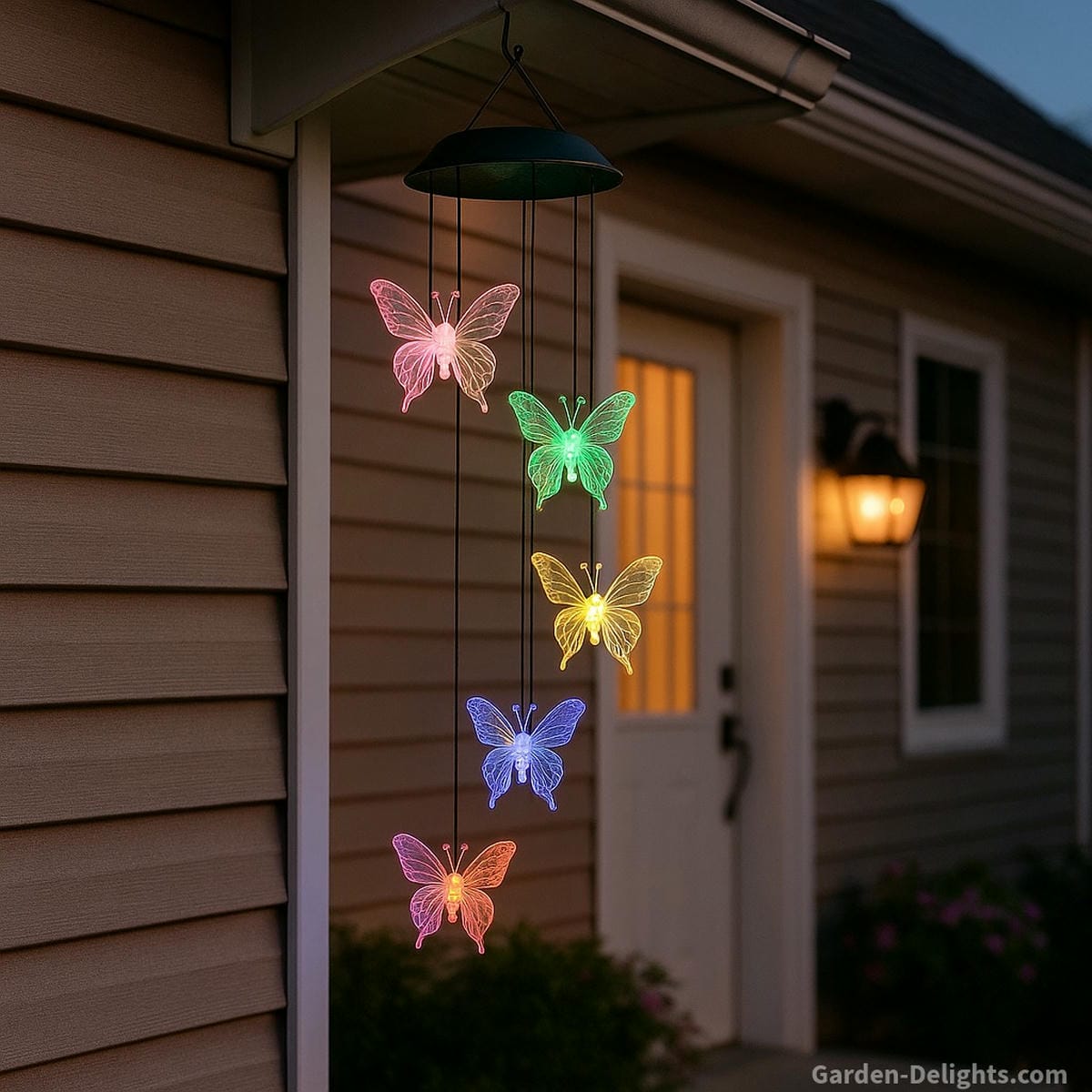 Butterfly solar wind chimes glowing with color-changing LEDs at a front entrance symbolizing emotional uplift, spiritual transformation, and Feng Shui harmony in eco-friendly outdoor décor