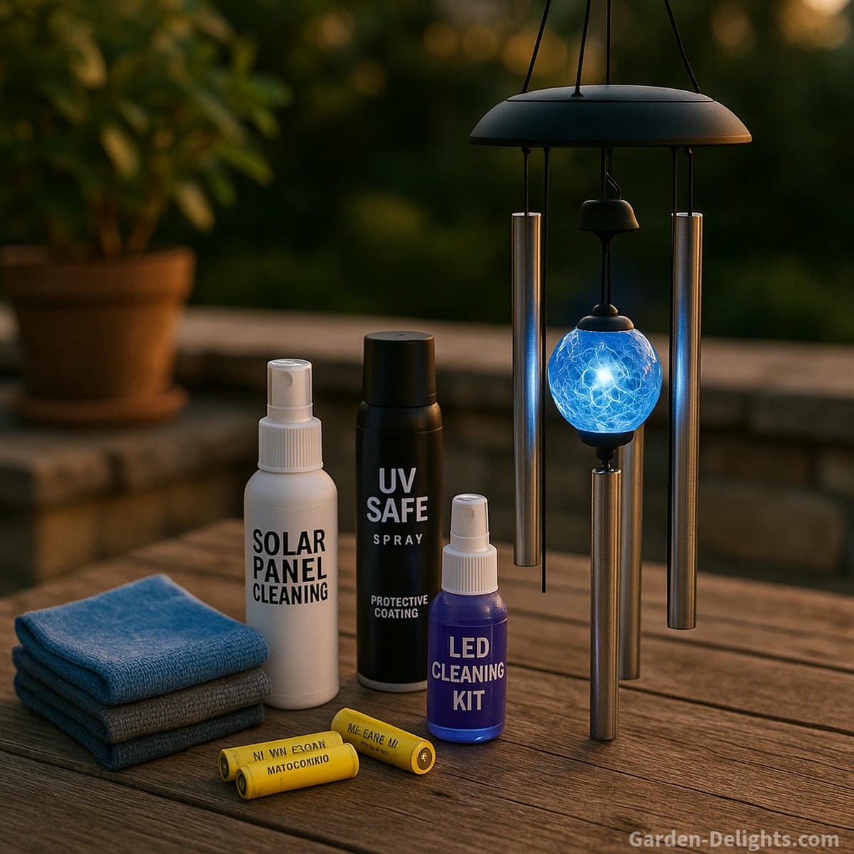 Solar wind chime maintenance tools soft cloths, LED-safe sprays, batteries, and symbolic cleansing station for patio Feng Shui and seasonal energy care