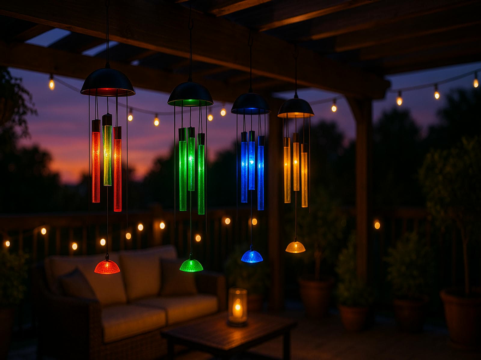 Colorful solar wind chimes glowing with red, green, blue, and yellow LED lights, hanging under a wooden pergola on a cozy garden patio at dusk with ambient string lighting and peaceful evening atmosphere for relaxation and outdoor décor inspiration.