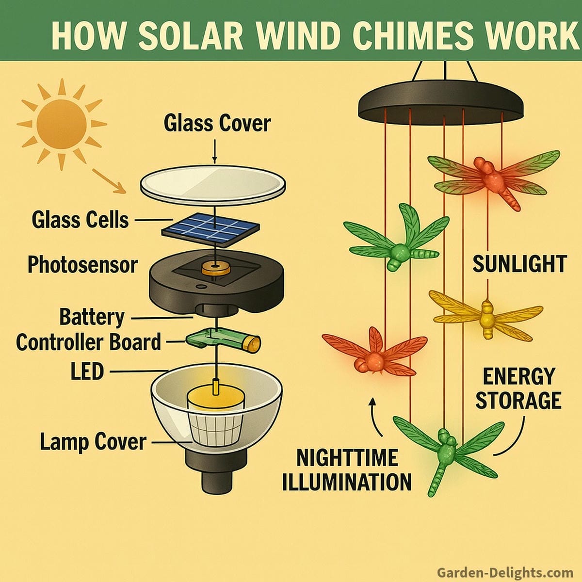 Infographic explaining how solar wind chimes work sunlight powers a mini solar panel that charges an internal battery, activating LED illumination at night while gentle breezes produce calming melodies, symbolizing eco-friendly harmony of light, sound, and energy flow