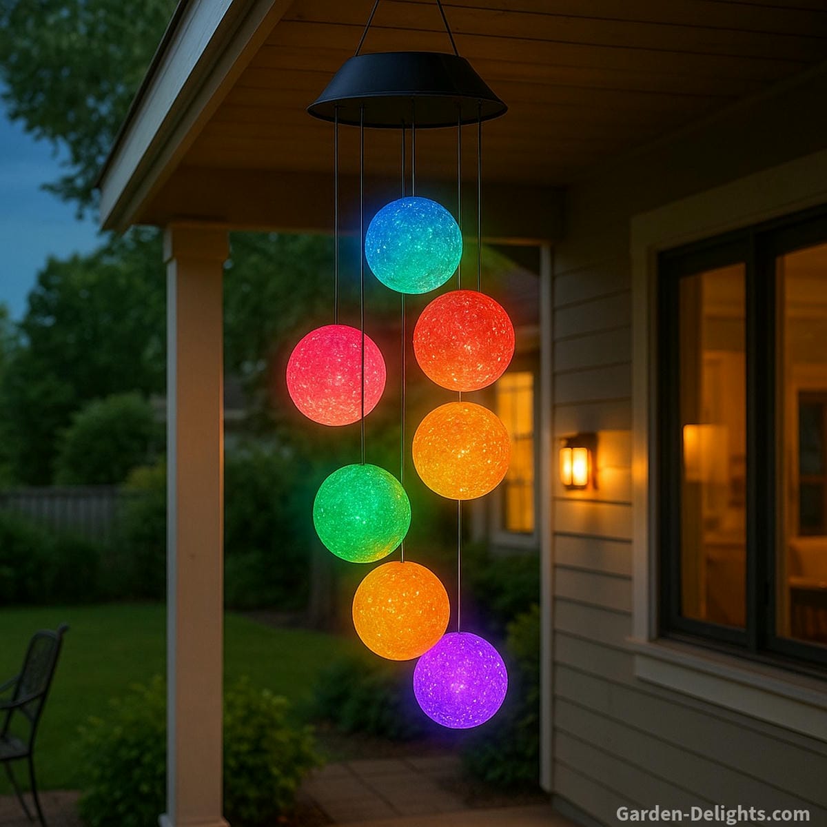 Solar wind chimes glowing with vibrant multicolor LED lights on a peaceful backyard porch symbolizing emotional renewal, eco-friendly balance, and Feng Shui harmony in nighttime garden décor
