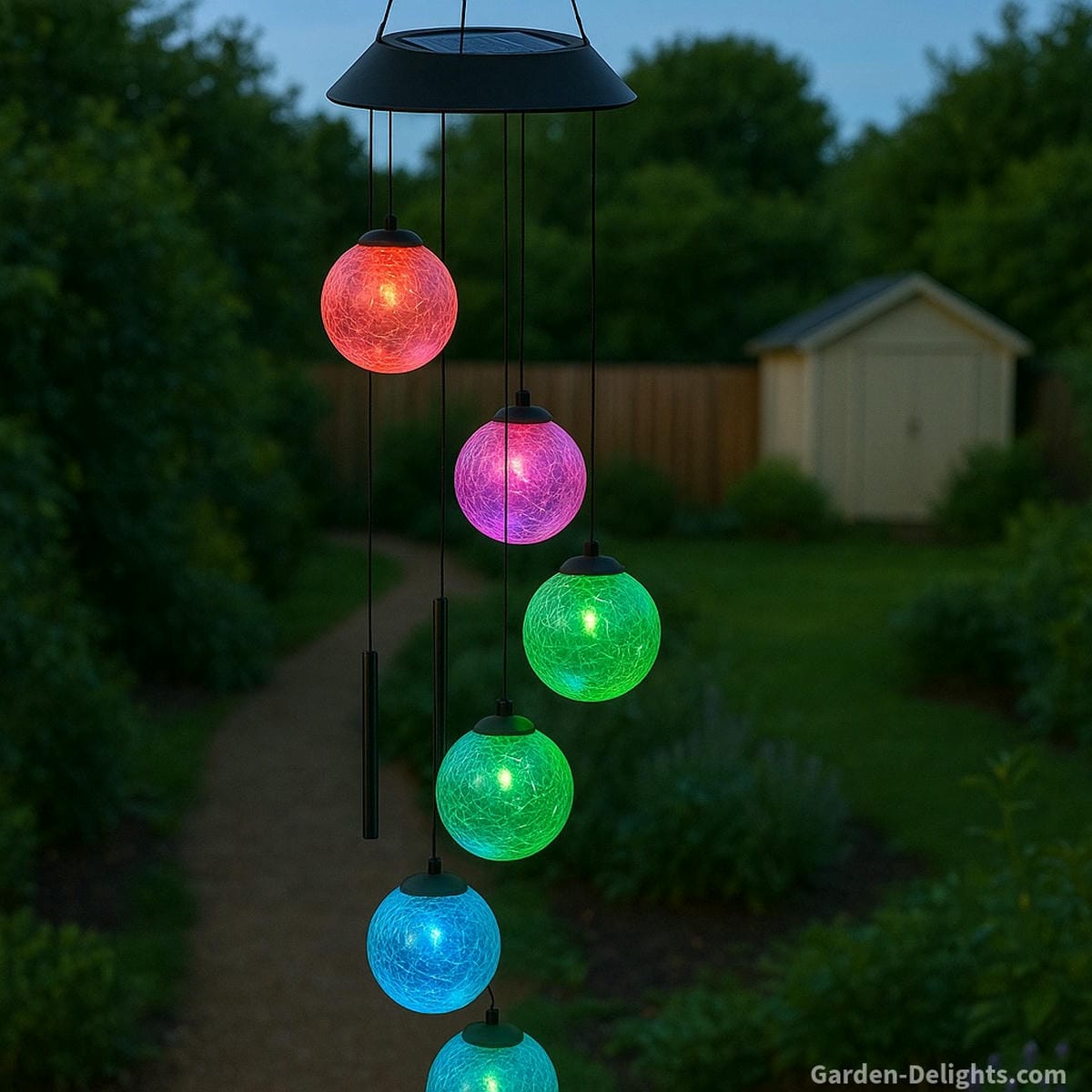 Solar wind chimes with color-shifting LED lights casting a soft glow on a peaceful garden path symbolizing remembrance, healing light, and sustainable Feng Shui energy
