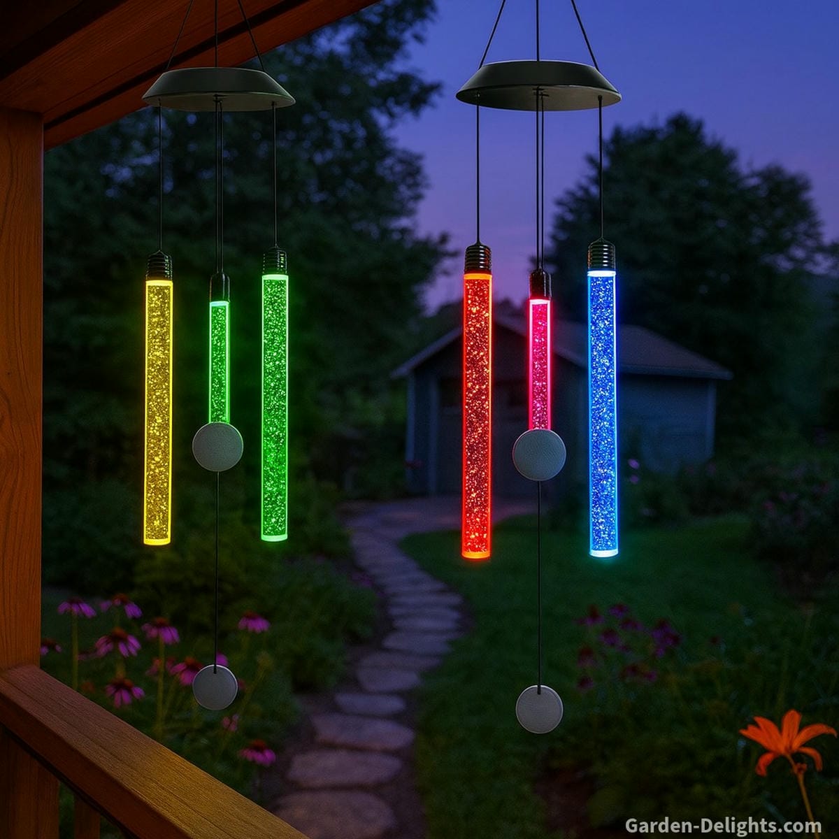 Solar wind chimes glowing gently in a moonlit garden with color-changing LED lights and melodic tones symbolizing emotional healing, Feng Shui balance, and sustainable night garden serenity