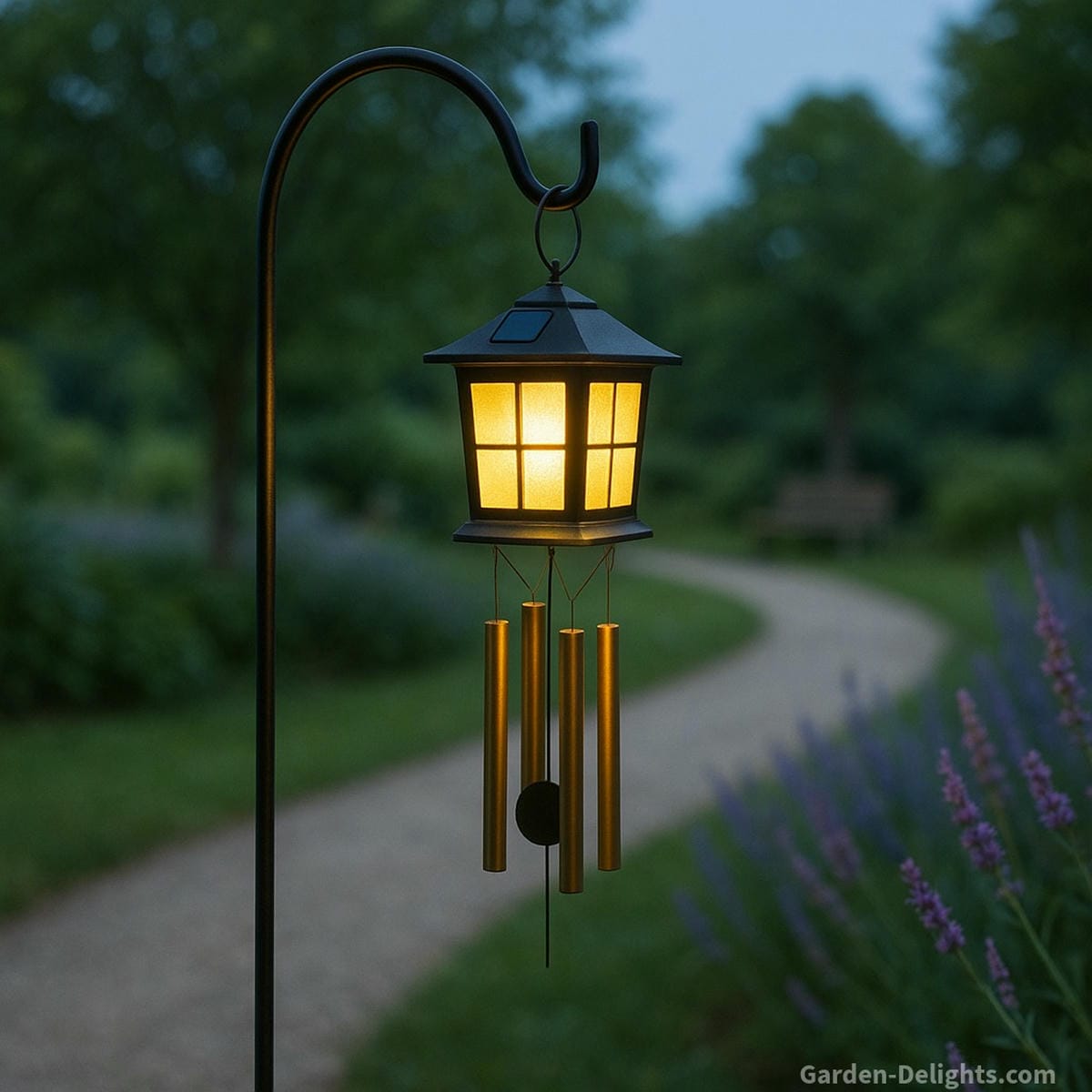 Solar wind chimes glowing softly at night in a peaceful memorial garden symbolizing emotional remembrance, lighted harmony, and spiritual energy flow in eco-conscious outdoor décor