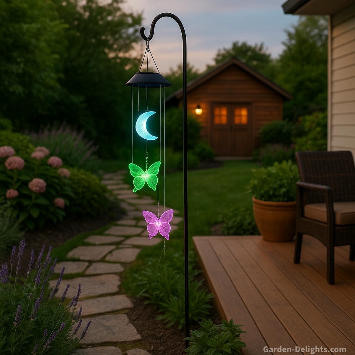 Tiered solar wind chimes glowing on a backyard patio entry-level color LED chimes for joy, butterfly mid-tier chimes for balance, and premium memorial designs for healing and remembrance in eco-conscious gardens