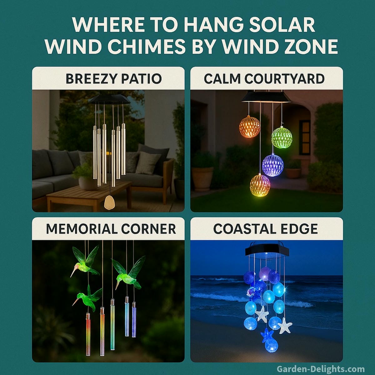 Infographic showing ideal solar wind chime placement zones coastal edge, breezy patio, memorial garden, and courtyard symbolizing harmony between wind flow, LED light, and emotional energy
