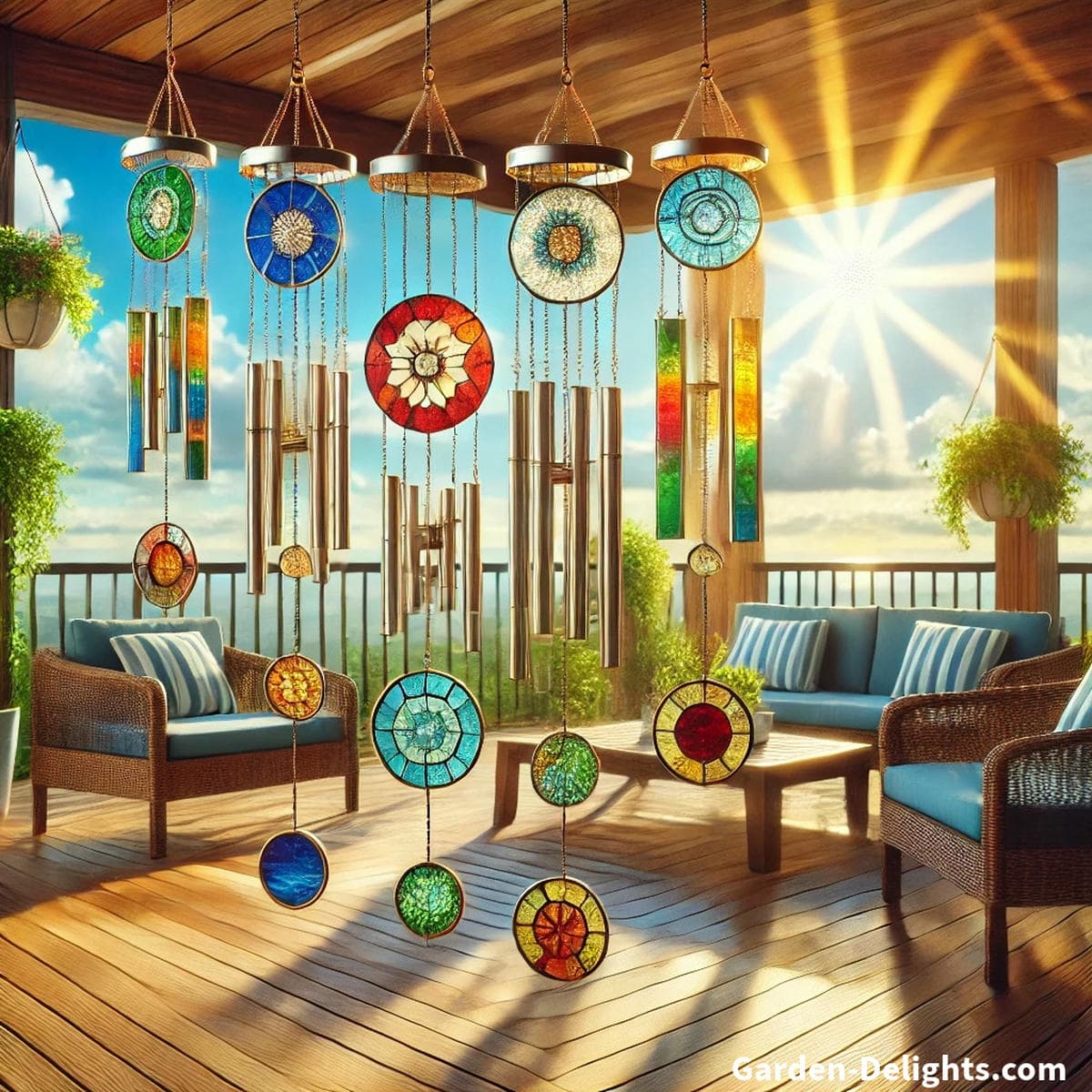 Stained glass wind chimes glowing with sunlight, casting colorful reflections and creating a calming, artful focal point for patios and garden spaces.
