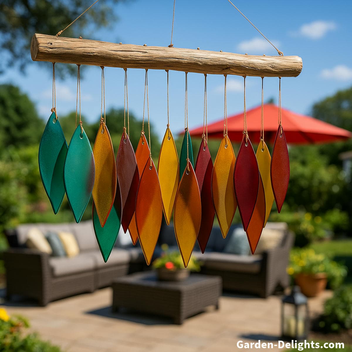 handcrafted stained glass wind chime driftwood