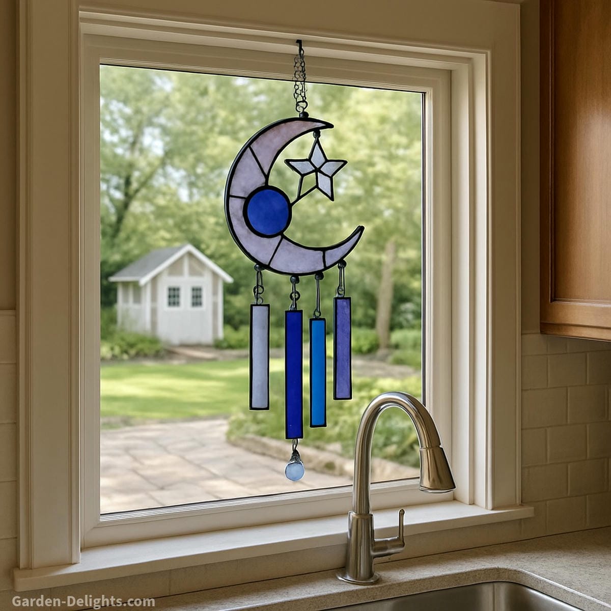 Moon and celestial stained glass wind chime glowing in a sunny kitchen window symbolizing dream balance, lunar reflection, and emotional calm between indoor serenity and garden energy flow