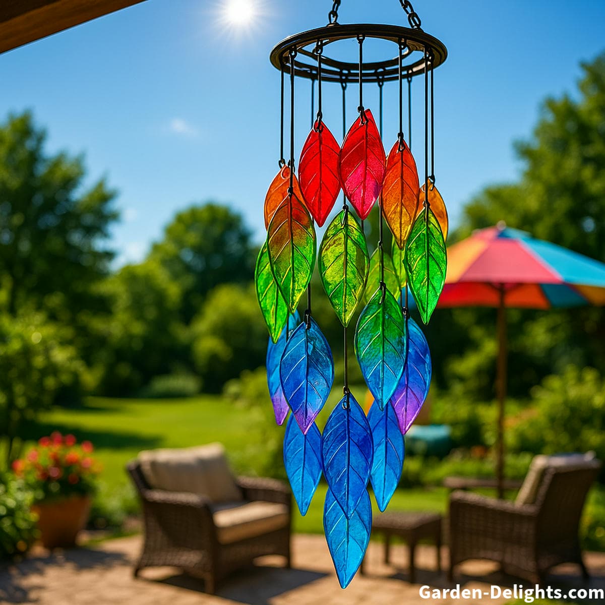 stained glass wind chimes sunlight garden patio
