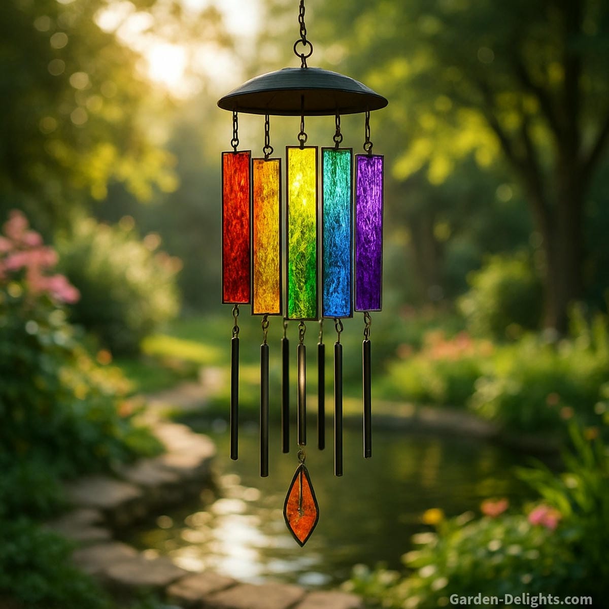 Stained glass wind chime with rainbow-colored panels glowing in a sunlit garden symbolizing remembrance, emotional balance, and radiant harmony through light and sound
