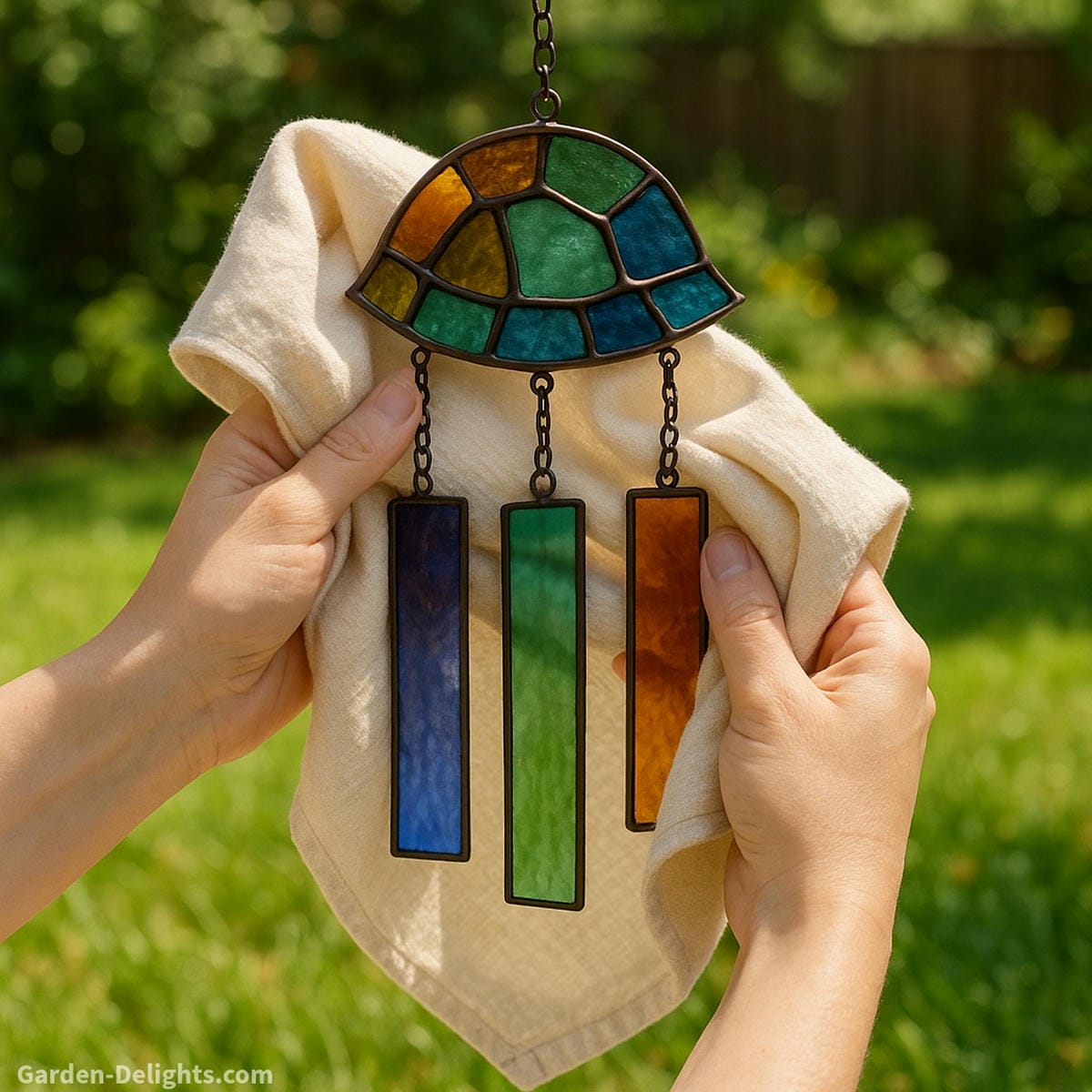 Gently wrapping stained glass wind chimes for seasonal storage to protect emotional symbolism, color resonance, and light energy in sacred garden spaces