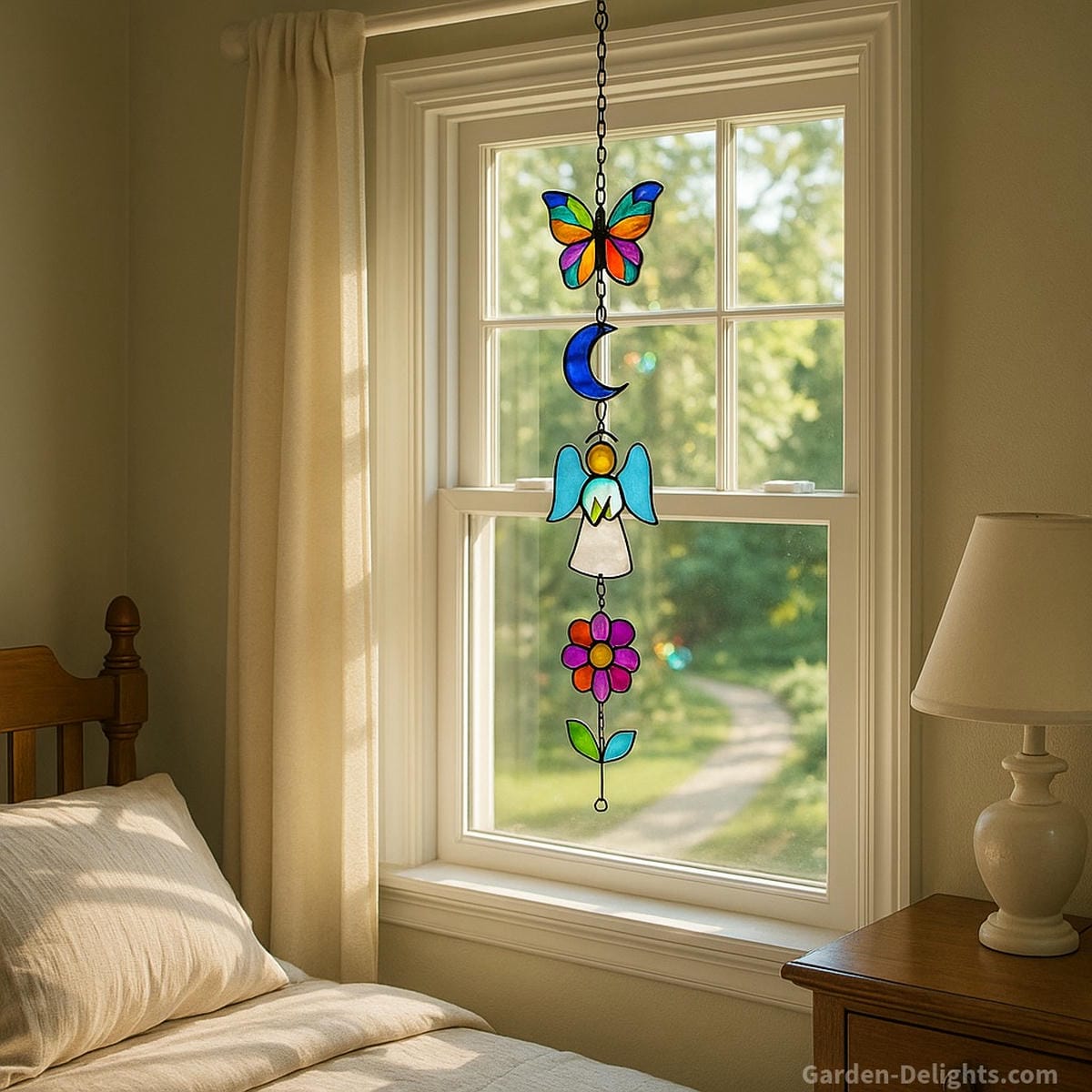 Indoor stained glass wind chimes with angel, butterfly, and moon shapes glowing in a sunlit bedroom window symbolizing emotional healing, spiritual clarity, and light-reflective energy flow for peaceful interior sanctuaries