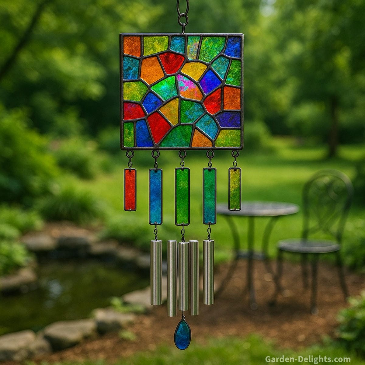 Fused, mosaic, and iridescent stained glass wind chimes glowing in garden sunlight symbolizing color healing, emotional joy, artistic renewal, and harmony between energy and environment
