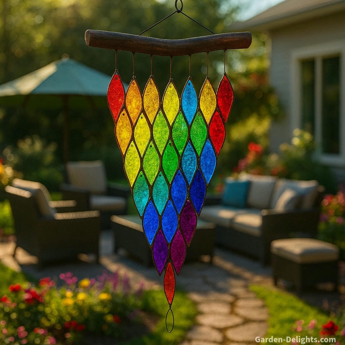 Stained glass wind chimes radiating color energy on a garden patio symbolizing light resonance, color therapy, and emotional healing in Feng Shui outdoor design