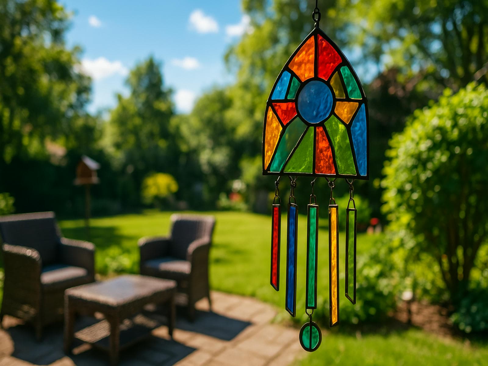 Handcrafted stained glass wind chimes shining in the sun, hanging beside a cozy backyard patio with outdoor furniture and garden décor under a blue sky