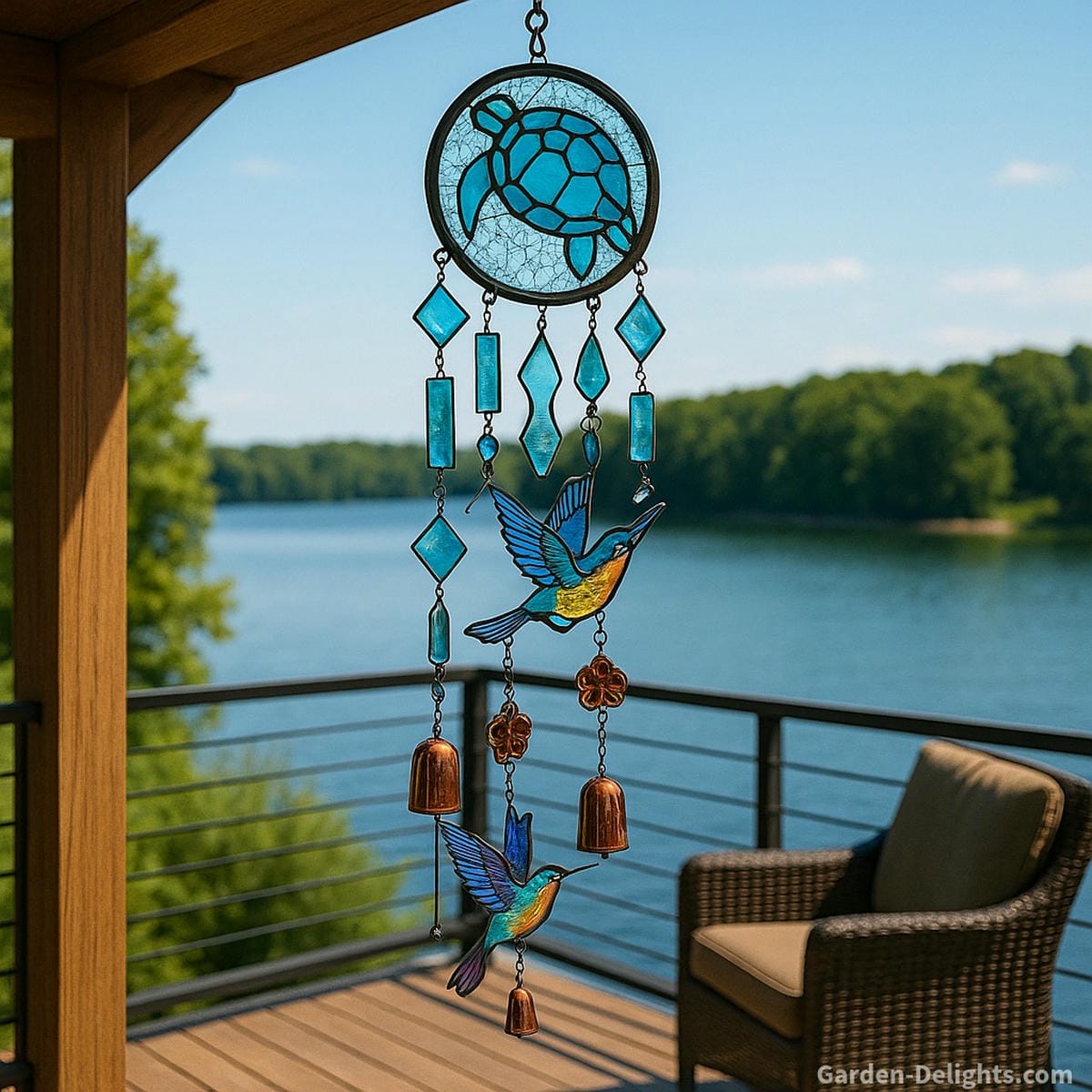 Stained glass wind chime with sea turtle and hummingbird motifs glistening on a lakeside balcony symbolizing transformation, peace, and emotional balance through reflective sound and light energy