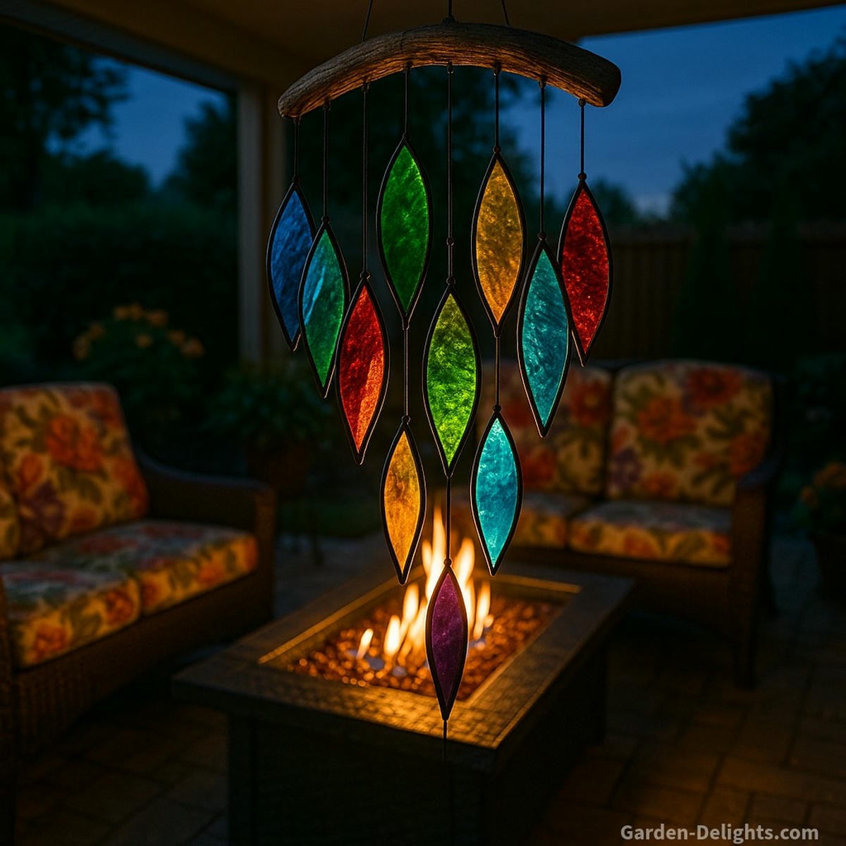 Stained glass wind chimes glowing by a fire table on a cozy patio radiating healing energy, emotional serenity, and artistic light through symbolic sound and reflective color