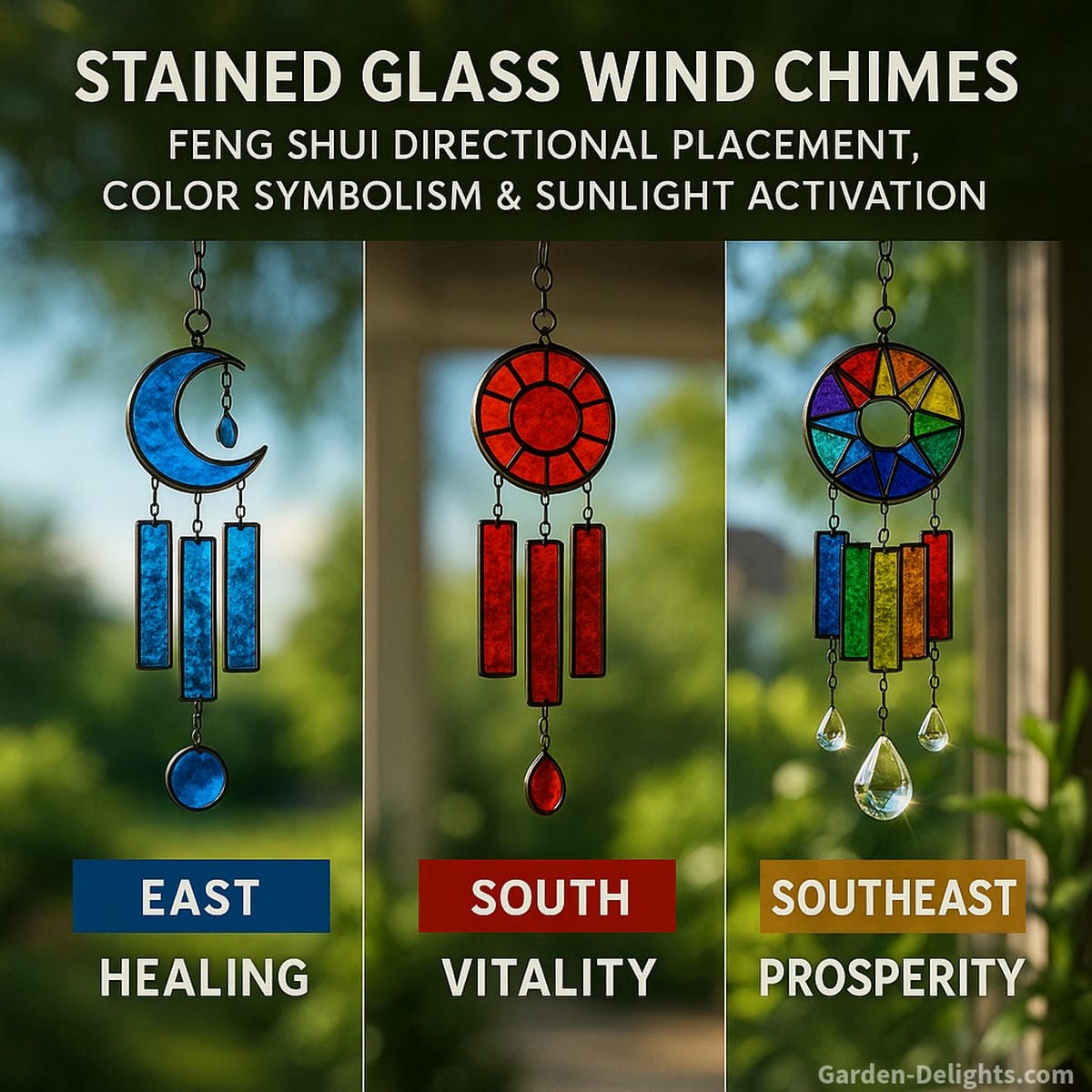 Stained glass wind chimes arranged in Feng Shui light zones blue for East healing, red for South vitality, and rainbow tones for Southeast prosperity and spiritual energy flow