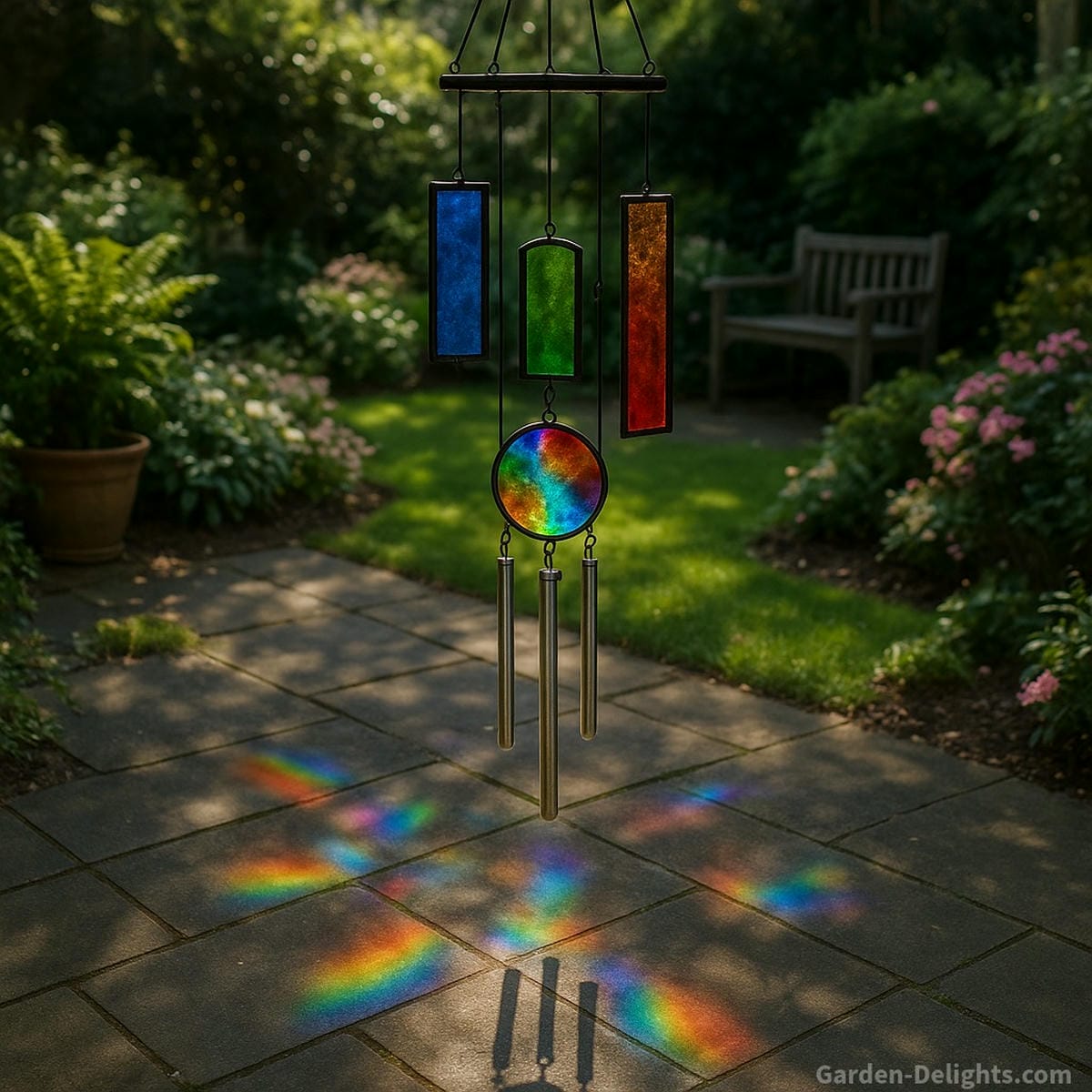 Stained glass wind chimes casting rainbow reflections across a serene patio garden symbolizing emotional harmony, light energy, and spiritual resonance for tranquil outdoor décor