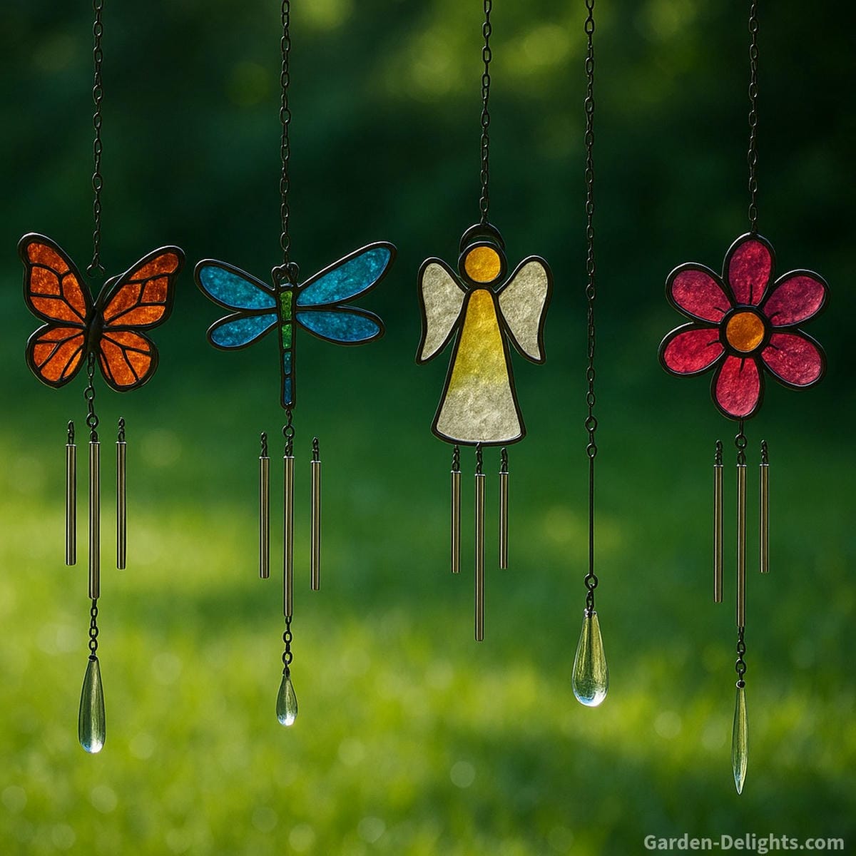 Butterfly, angel, dragonfly, and flower-shaped stained glass wind chimes glowing in garden sunlight symbolizing spiritual peace, remembrance, joy, and transformation through sound and color