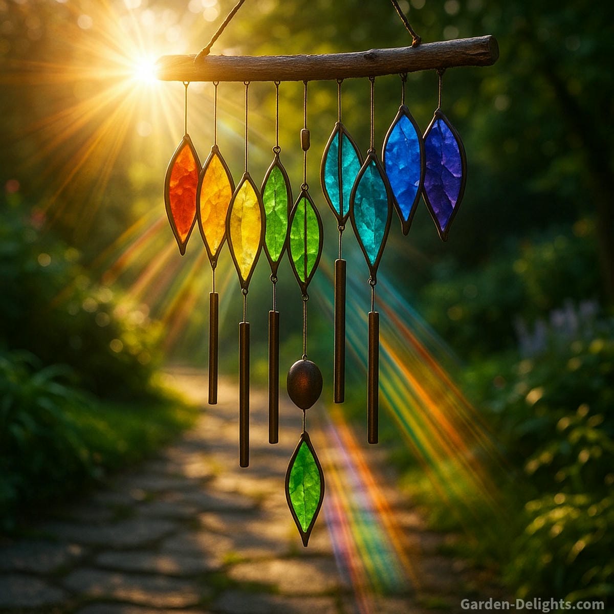Stained glass wind chimes glowing with sunlight across a peaceful garden trail symbolizing emotional radiance, Feng Shui harmony, and artistic outdoor decor