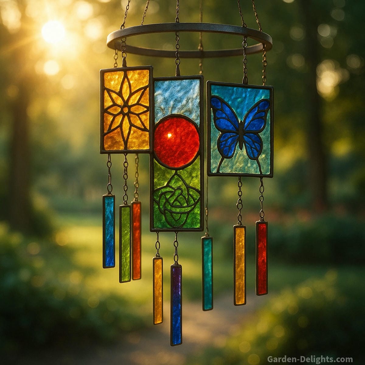 Stained glass wind chimes glowing in morning sunlight radiating emotional healing, remembrance energy, and symbolic light for spiritual clarity in garden or indoor memorial spaces