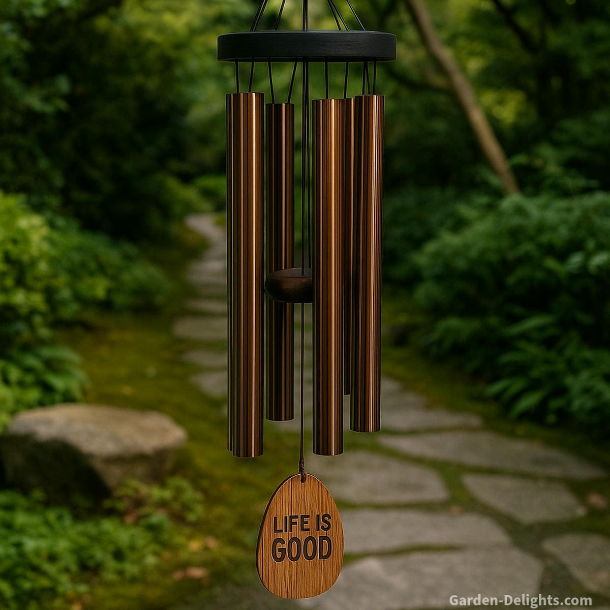 Bronze wind chimes hanging in a tranquil Zen garden with stone paths and greenery, symbolizing deep spiritual tone, sacred protection, and Feng Shui grounding in the Metal element