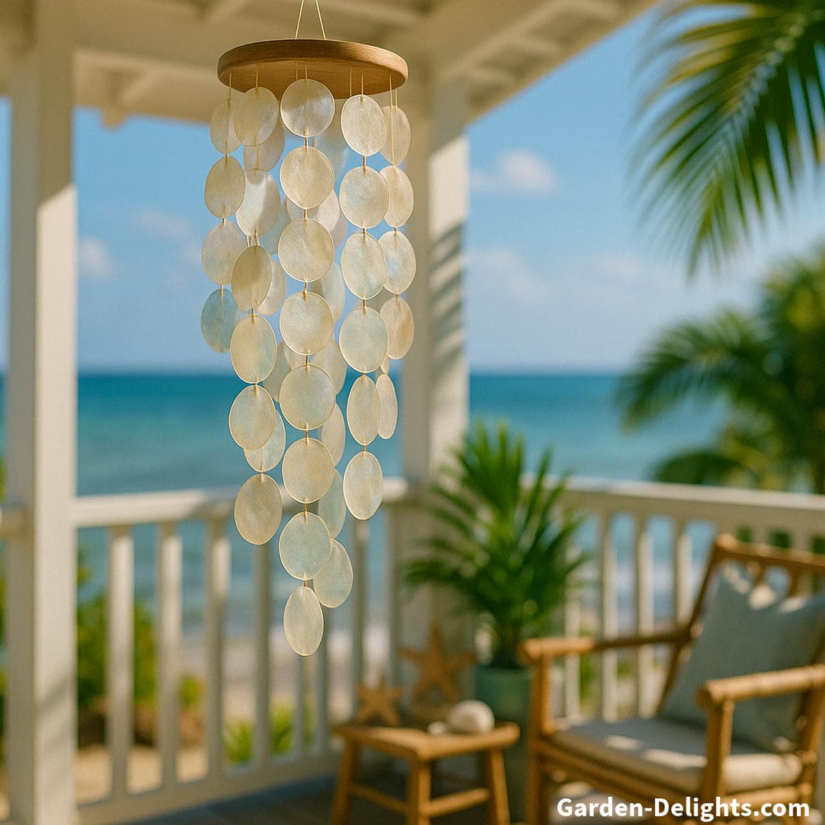 Capiz shell wind chimes shimmering in seaside sunlight, their translucent discs reflecting ocean light and creating a soft, tinkling melody that symbolizes emotional cleansing, serenity, and Feng Shui water energy for coastal-inspired spaces