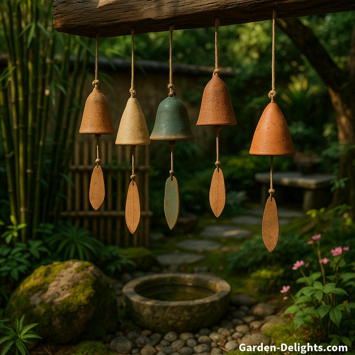 Ceramic wind chimes gently swaying in a sunlit garden, their handcrafted clay bells producing soft tones that symbolize tranquility, mindfulness, and the grounding energy of the Earth element in Feng Shui