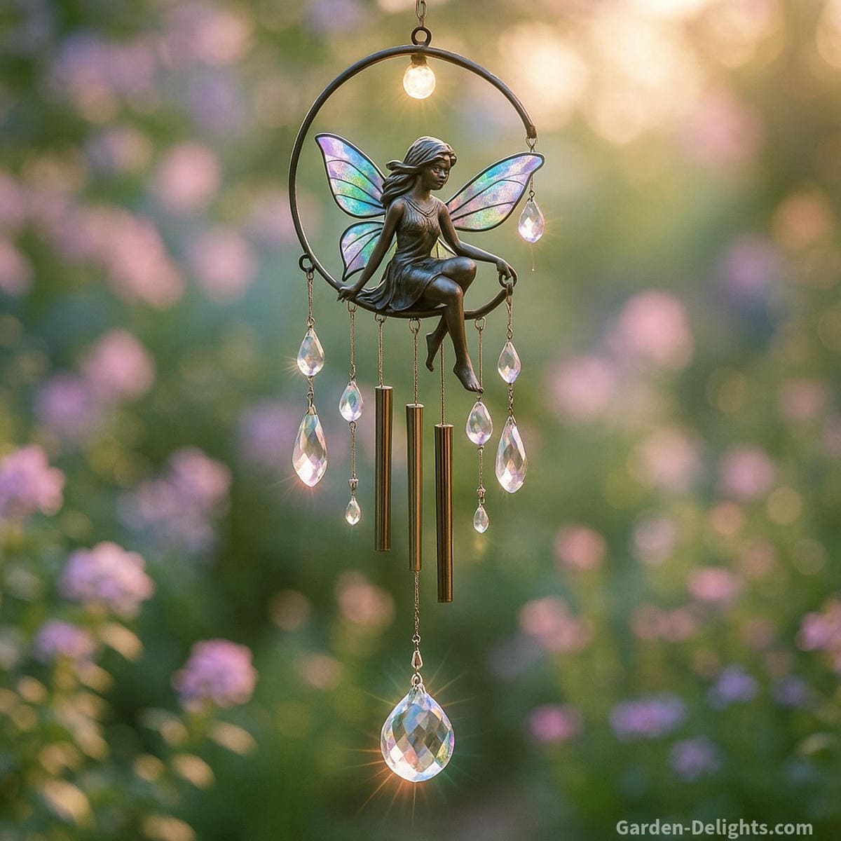 Fairy wind chimes glowing with iridescent wings and crystal accents under garden sunlight, symbolizing whimsy, enchantment, and magical sound that invites serenity, imagination, and positive energy flow