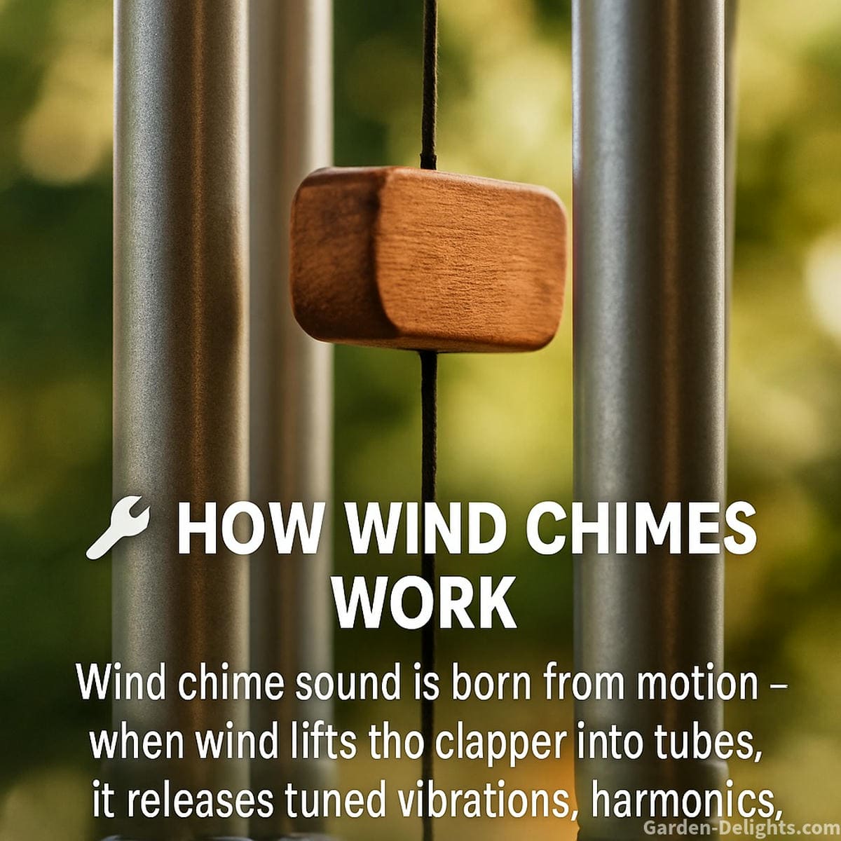 Close-up of wind chime tubes being struck by a wooden clapper, showing airflow movement and vibrational resonance—illustrating how wind chimes produce sound through acoustic design